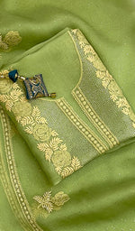 Load image into Gallery viewer, Green Women's Lakhnavi Handcrafted Pure Organza Chikankari Unstitched Kurta And Dupatta Set