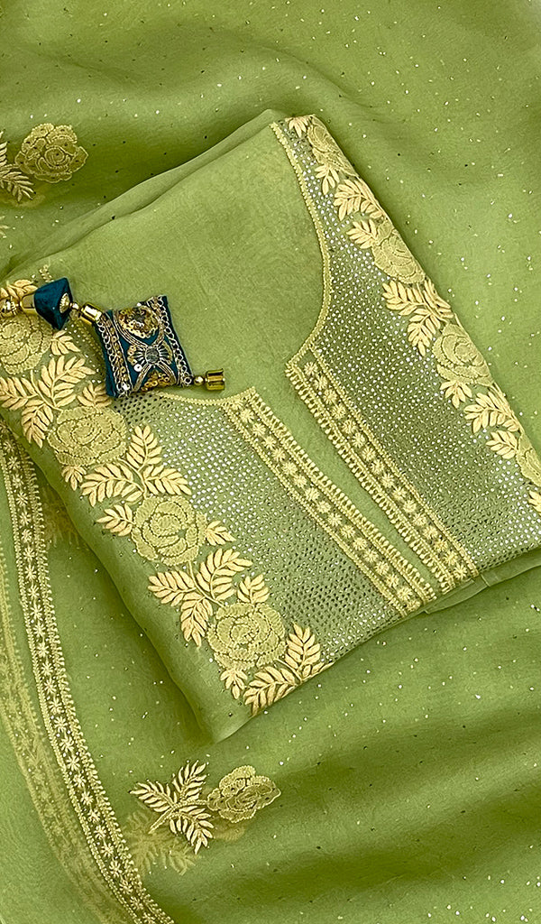 Green Women's Lakhnavi Handcrafted Pure Organza Chikankari Unstitched Kurta And Dupatta Set