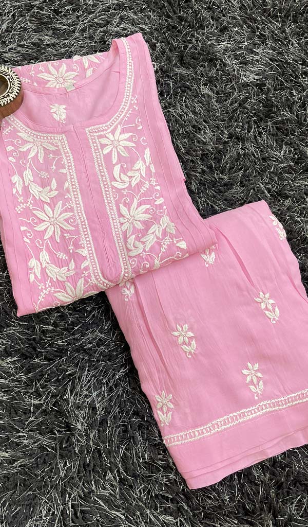 Zhavia Women's Lakhnavi Handcrafted Modal Cotton Chikankari Kurta And Gharara Set - HONC0130449