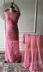 Load image into Gallery viewer, Women's Lakhnavi Handcrafted Pure Organza Chikankari Unstitched Kurta And Dupatta Set- HONC0327848