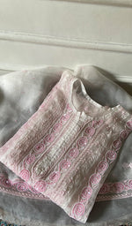 Load image into Gallery viewer, Women's Lucknowi Handcrafted Pure Organza Silk Chikankari Semi- stitched Kurta Dupatta Set- HONC0359785
