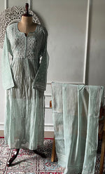 Load image into Gallery viewer, Women's Lakhnavi Handcrafted Mul Chanderi Semi - stitched Chikankari Full Suit Material - HONC0333491