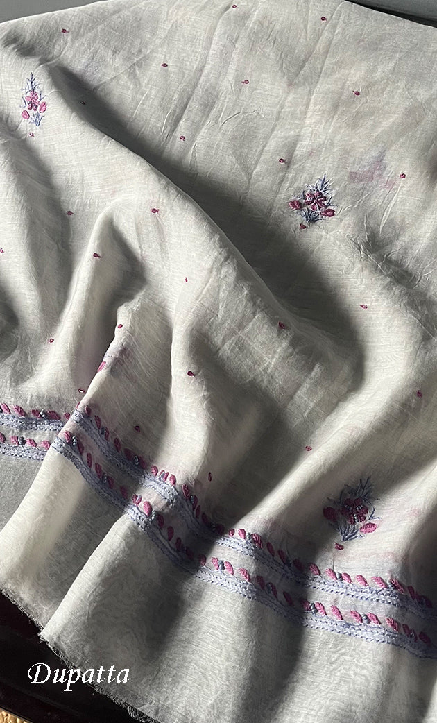 Aaliyah Women's Lakhnavi Handcrafted Mul Chanderi Semi - Stitched Kurta And Dupatta Set - HONC0239039