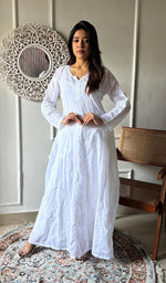 Load image into Gallery viewer, Alamzaib Women's Lucknowi Handcrafted Cotton Chikankari Anarkali Dress - HONC0206764