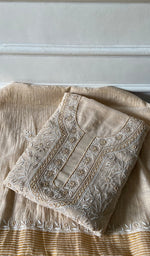 Load image into Gallery viewer, Women's Lakhnavi Handcrafted Tissue Chanderi Chikankari Unstitched Kurta Dupatta Set - HONC0352167