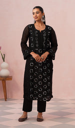 Load image into Gallery viewer, Women's Lucknowi Handcrafted Pure Organza Silk Stitched Chikankari Kurta, Dupatta With Pant Set- HONC0546598