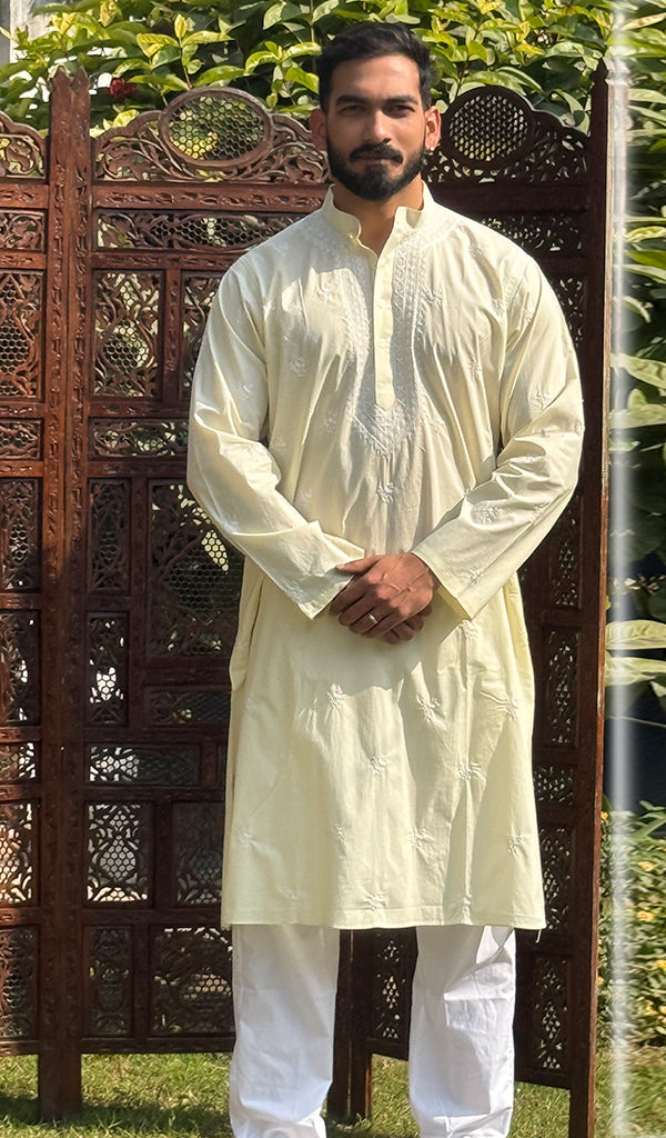 Men's Lucknowi Handcrafted Cotton Chikankari Kurta - HONC0115507