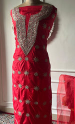 Load image into Gallery viewer, Women's Lakhnavi Handcrafted Pure Silk Chikankari Unstitched Kurta And Dupatta Set- HONC0245854