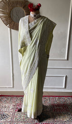 将图像加载到图库查看器中, Women's Lakhnavi Handcrafted Pure Silk Georgette Chikankari Saree - HONC0358685