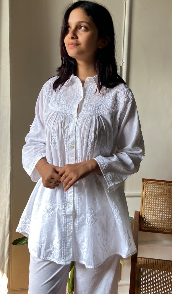Women's Lakhnavi Handcrafted Cotton Chikankari Top And Palazzo Set - HONC0295332