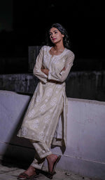 Load image into Gallery viewer, Women's Lakhnavi Handcrafted Cotton Chikankari Kurta And Palazzo Set - HONC0211793