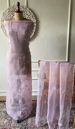 Load image into Gallery viewer, Women's Lakhnavi Handcrafted Pure Organza Chikankari Unstitched Kurta And Dupatta Set- HONC0329217