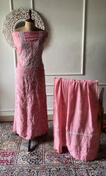 Load image into Gallery viewer, Women's Lakhnavi Handcrafted Unstitched Munga Silk Chikankari Kurta And Dupatta Set- HONC0278879