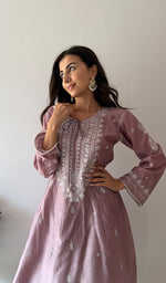 将图像加载到图库查看器中, Women's Lucknowi Handcrafted Mul Chanderi Stitched Chikankari Kurta And Plazzo Set- HONC0379066