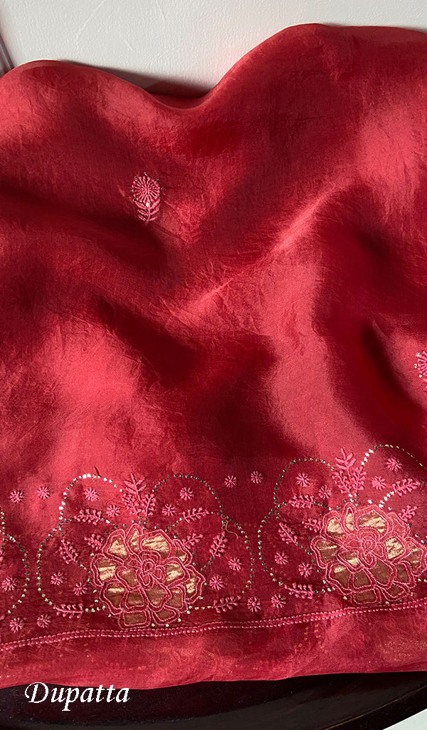 Women's Lakhnavi Handcrafted Pure Organza Chikankari Unstitched Kurta And Dupatta Set- HONC02261147