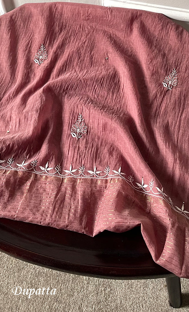 Women's Lakhnavi Handcrafted Mul Chanderi Semi -stitched Chikankari Full Suit Material - HONC0296115