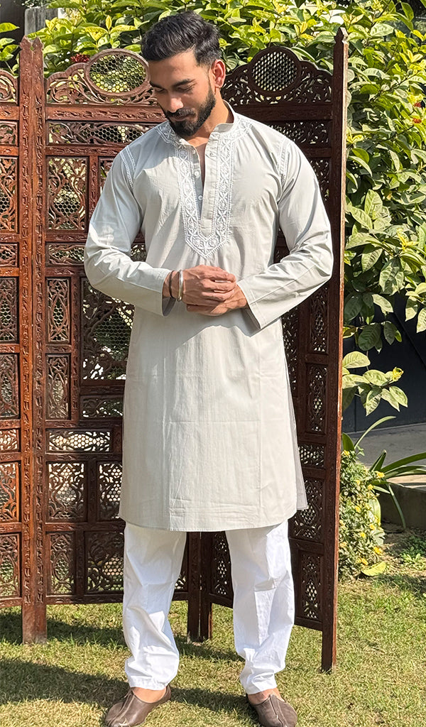 Men's Lucknowi Handcrafted Cotton Chikankari Kurta - HONC0115447