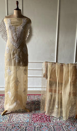 Load image into Gallery viewer, Women's Lakhnavi Handcrafted Pure Organza Chikankari Unstitched Kurta And Dupatta Set- HONC0368257