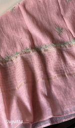 Load image into Gallery viewer, Women's Lakhnavi Handcrafted Mul Chanderi Chikankari Semi - Stitched Kurta Dupatta Set - HONC0232315