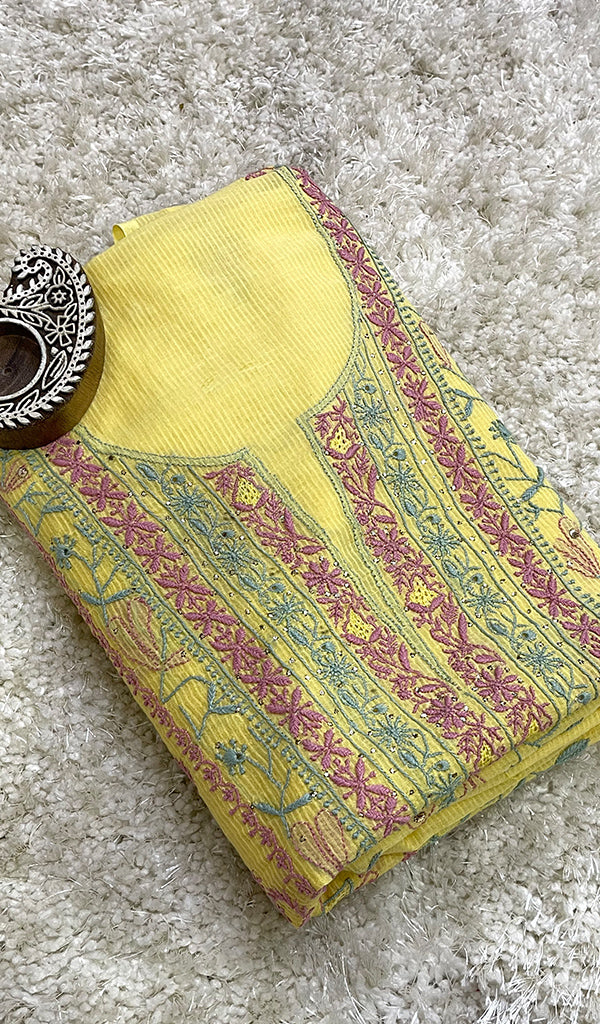 Women's Lakhnavi Handcrafted Mul Chanderi Unstitched Chikankari Full Suit Material - HONC0339583 main image 0