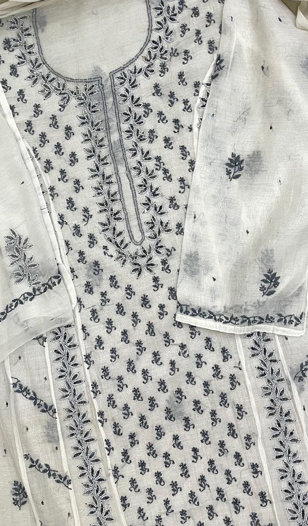 Saziya Women's Lakhnavi Handcrafted Mul Chanderi Semi - Stitched Kurta And Dupatta Set - HONC0227120