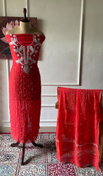 Load image into Gallery viewer, Chidiya Women's Lakhnavi Handcrafted Mul Chanderi Unstitched Kurta And Dupatta Set - HONC0365751