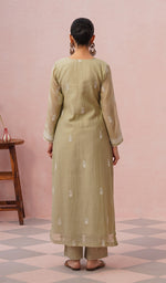 Load image into Gallery viewer, Women's Lakhnavi Handcrafted Mul Chanderi Chikankari Stitched Kurta, Dupatta And Pant Set - HONC0555586