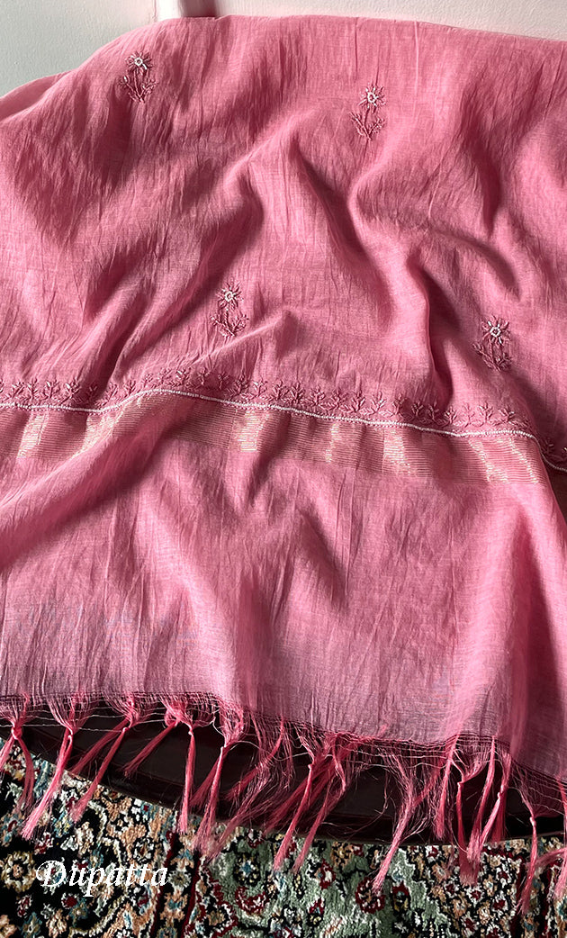 Women's Lakhnavi Handcrafted Mul Chanderi Unstitched Chikankari Full Suit Material - HONC0314657