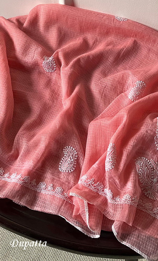 Women's Lucknowi Handcrafted Kota Cotton Chikankari Unstitched Kurta And Dupatta Set - HONC0303992