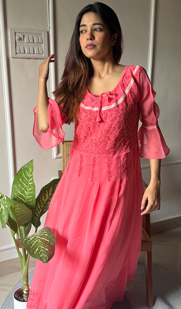 Aadab Women's Lucknowi Handcrafted Faux-Georgette Chikankari Anarkali Dress - NC038960