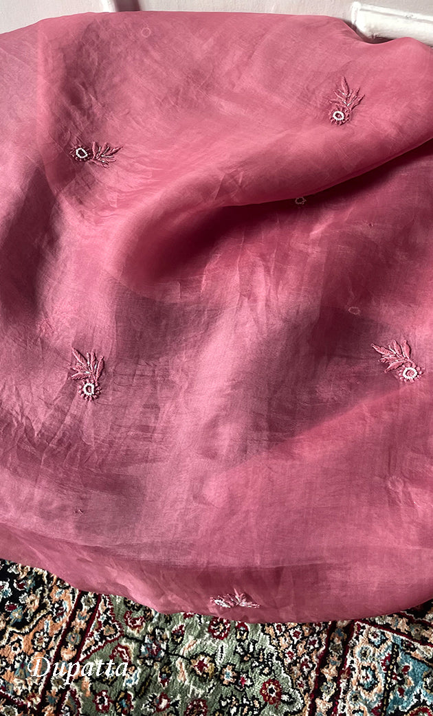 Women's Lakhnavi Handcrafted Pure Organza Chikankari Unstitched Kurta And Dupatta Set- HONC0314168