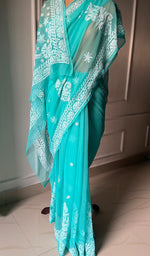 将图像加载到图库查看器中, Women's Lucknowi Handcrafted Faux-Georgette Chikankari Saree - HONC0295209