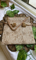 Load image into Gallery viewer, Handcrafted Beige Chikankari Embroidered Potli Bag – 9 x 8 Inches - HONC0308901