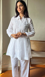 Load image into Gallery viewer, Women's Lakhnavi Handcrafted Cotton Chikankari Short Kurta And Palazzo Set - HONC0290417