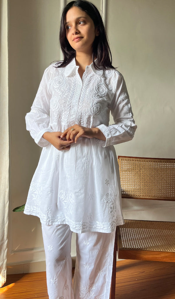 Women's Lakhnavi Handcrafted Cotton Chikankari Short Kurta And Palazzo Set - HONC0290417