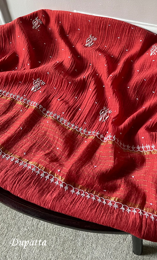 Women's Lakhnavi Handcrafted Mul Chanderi Semi - Stitched Kurta And Dupatta Set - HONC0282233