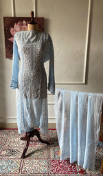 Load image into Gallery viewer, Basma Women's Lucknowi Handcrafted Mul Chanderi Semi - stitched Chikankari Anarkali Full Set - HONC0360090