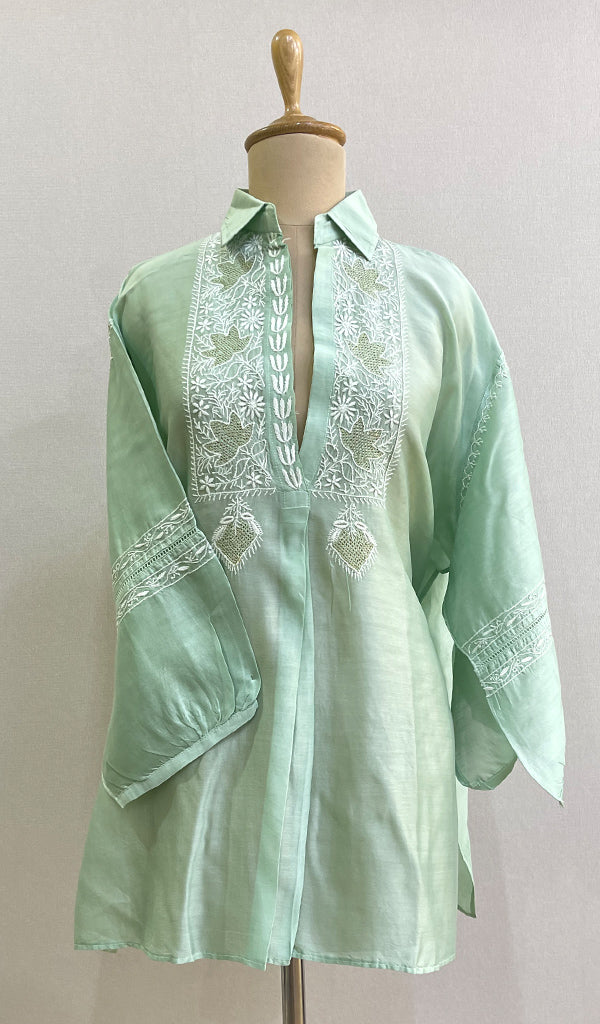 Fiza Women's Lakhnavi Handcrafted Chanderi Silk Semi- Stiched Chikankari Top - HONC0192130