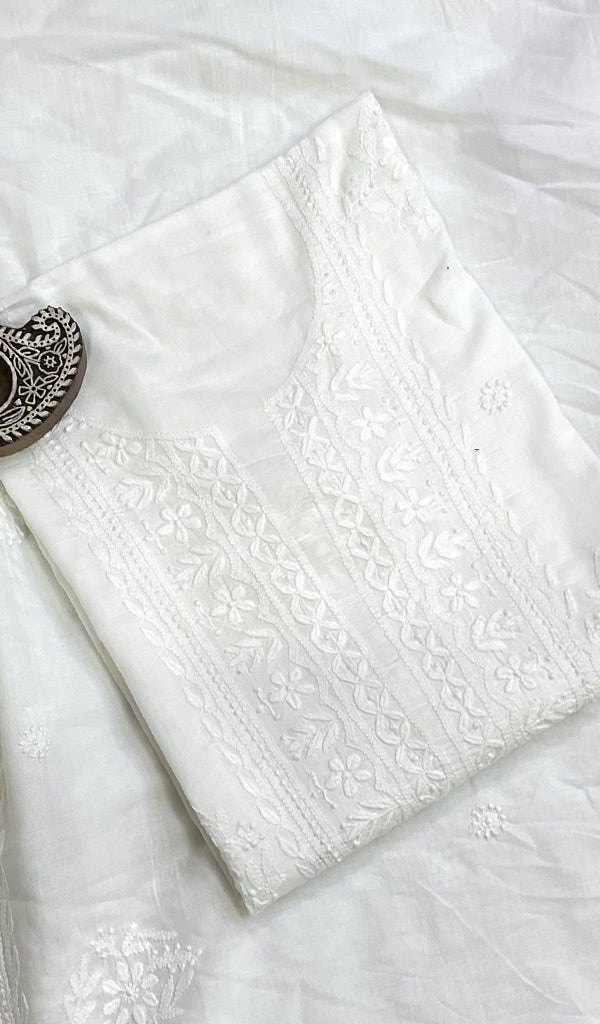 Women's Lakhnavi Handcrafted Mul Cotton Semi Stitched Kurta And Dupatta Set- HONC0208221