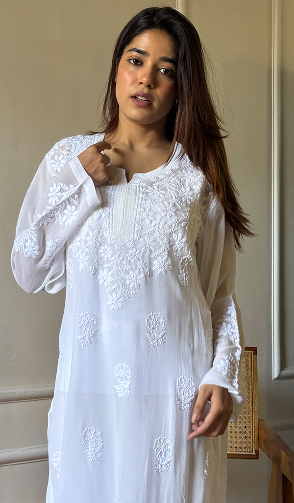 Women's Lakhnavi Handcrafted Viscose Georgette Chikankari Kurti - HONC0115981