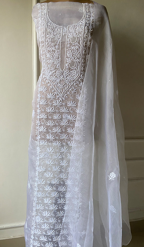 Women's Lakhnavi Handcrafted Pure Organza Chikankari Unstitched Kurta And Dupatta Set- HONC0265389