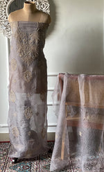 Load image into Gallery viewer, Women's Lakhnavi Handcrafted Pure Organza Chikankari Unstitched Kurta And Dupatta Set- HONC0318665