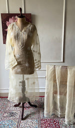 Load image into Gallery viewer, Women's Lakhnavi Handcrafted Pure Organza Chikankari Semi Stitched Kurta And Dupatta Set- HONC0348610