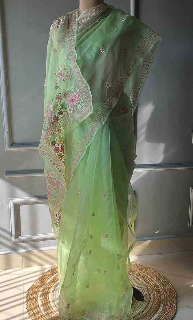 Inayat Women's Lucknowi Handcrafted Pure Organza Silk Chikankari Saree  - HONC0278819