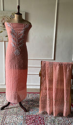 Load image into Gallery viewer, Chidiya Women's Lakhnavi Handcrafted Mul Chanderi Unstitched Kurta And Dupatta Set- HONC0358096