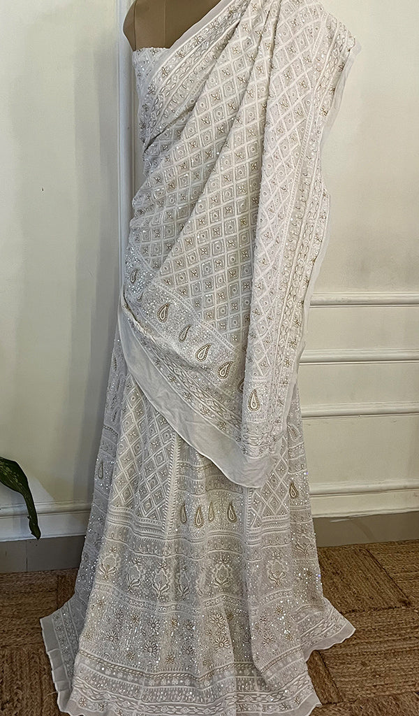 Women's Lakhnavi Handcrafted Bridal Pure Silk Georgette Chikankari Lehenga Set - HONC02690721