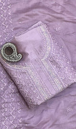 Load image into Gallery viewer, Women's Lakhnavi Handcrafted Chanderi Silk Chikankari Kurta Dupatta Set - HONC047876