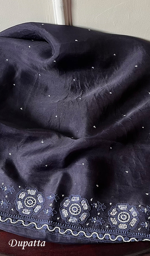 Women's Lakhnavi Handcrafted Pure Organza Chikankari Unstitched Kurta And Dupatta Set- HONC0272166