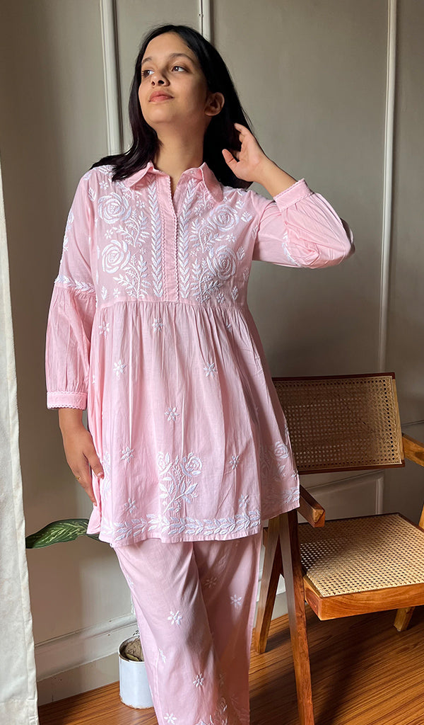 Women's Lakhnavi Handcrafted Cotton Chikankari Kurta And Palazzo Set - HONC0290433