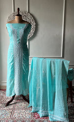 Load image into Gallery viewer, Women's Lucknowi Handcrafted Kota Cotton Chikankari Unstitched Kurta And Dupatta Set - HONC0336030